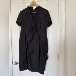 Lafayette 148 New York Faux Wrap Dress with side tie and neck ruffles, Black 12